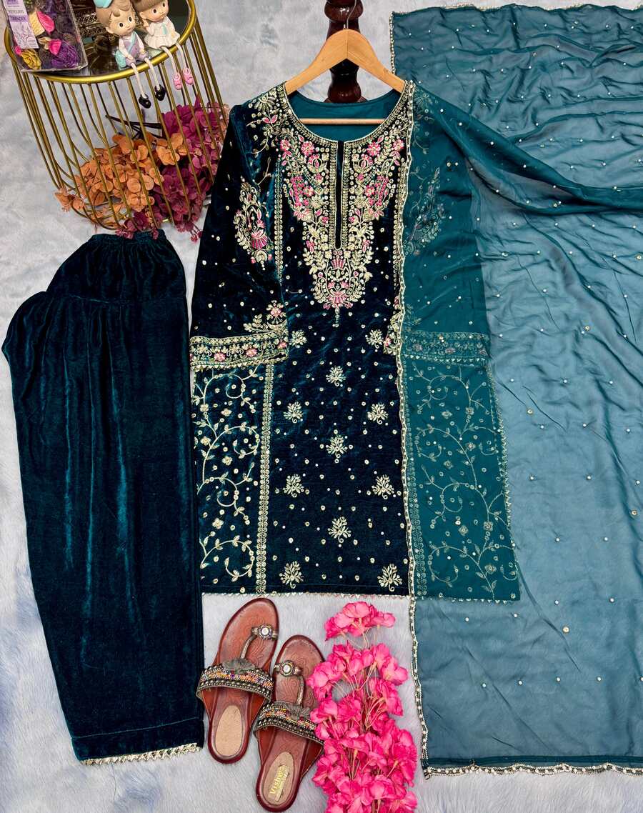 NEW ARRIVAL VISCOSE VELVET EMBROIDERY SEQUENCE MOTI WORK TOP PALAZZO