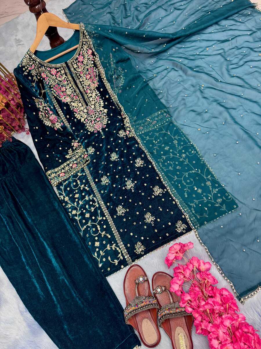 NEW ARRIVAL VISCOSE VELVET EMBROIDERY SEQUENCE MOTI WORK TOP PALAZZO