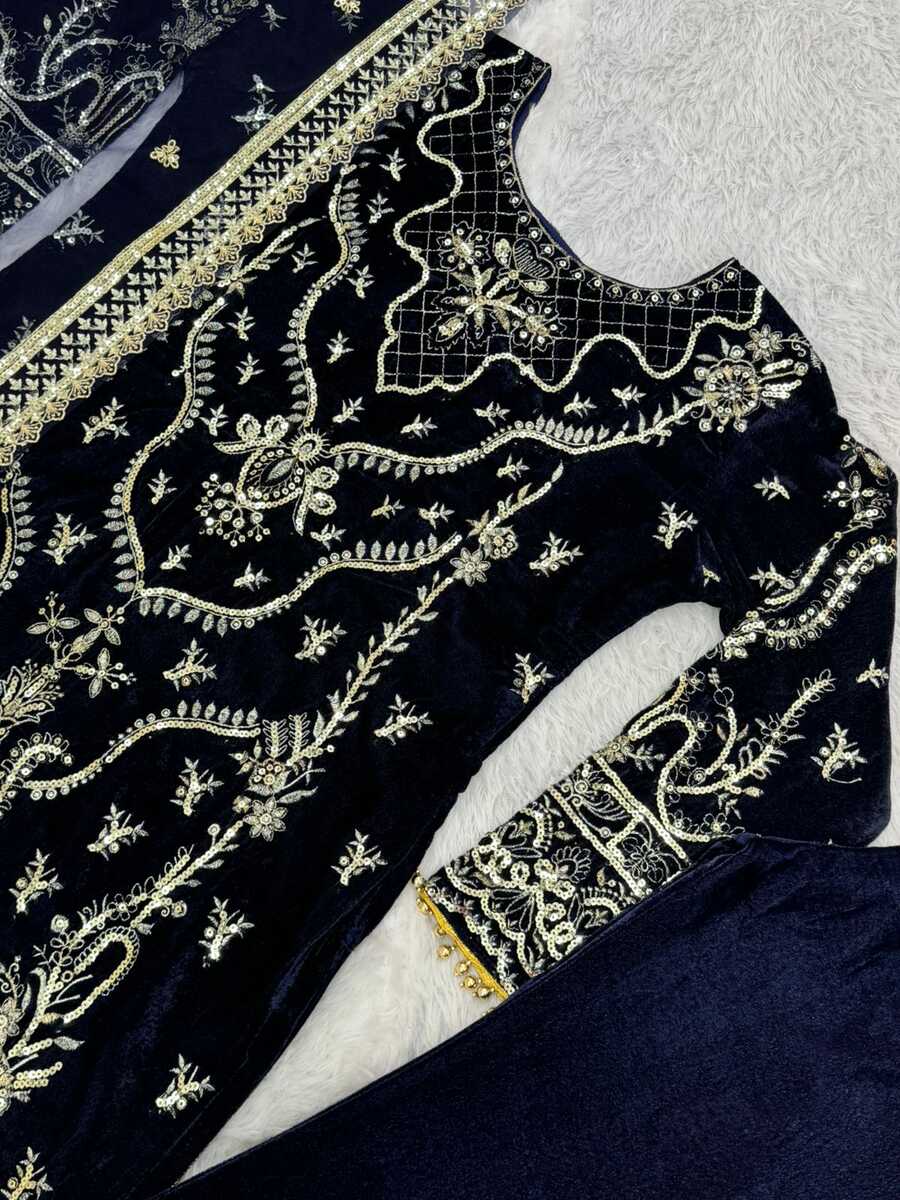 TRENDING VELVET EMBROIDERY SEQUENCE LACE WORK TOP BOTTOM WITH DUPATTA NAVY BLUE