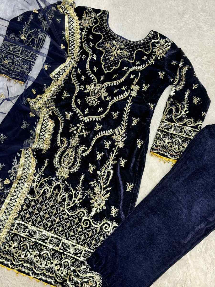 TRENDING VELVET EMBROIDERY SEQUENCE LACE WORK TOP BOTTOM WITH DUPATTA NAVY BLUE