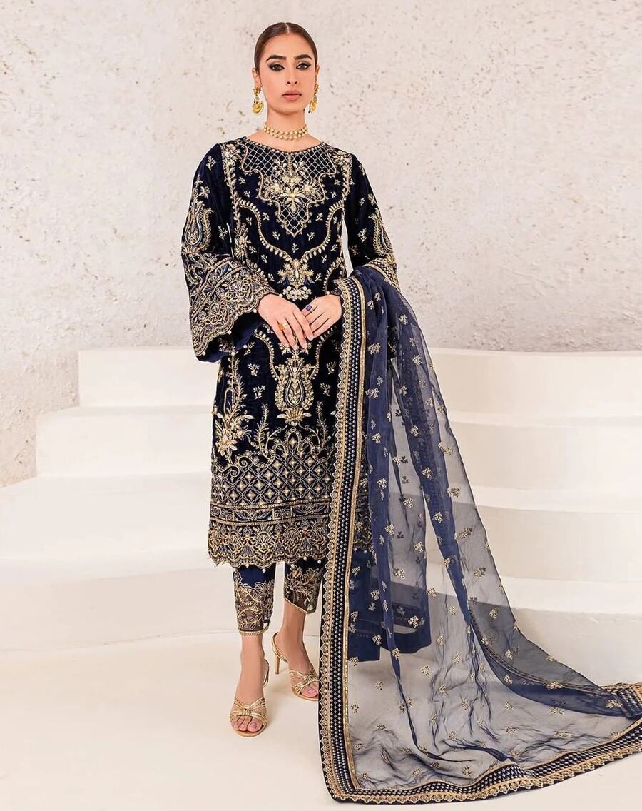 TRENDING VELVET EMBROIDERY SEQUENCE LACE WORK TOP BOTTOM WITH DUPATTA NAVY BLUE