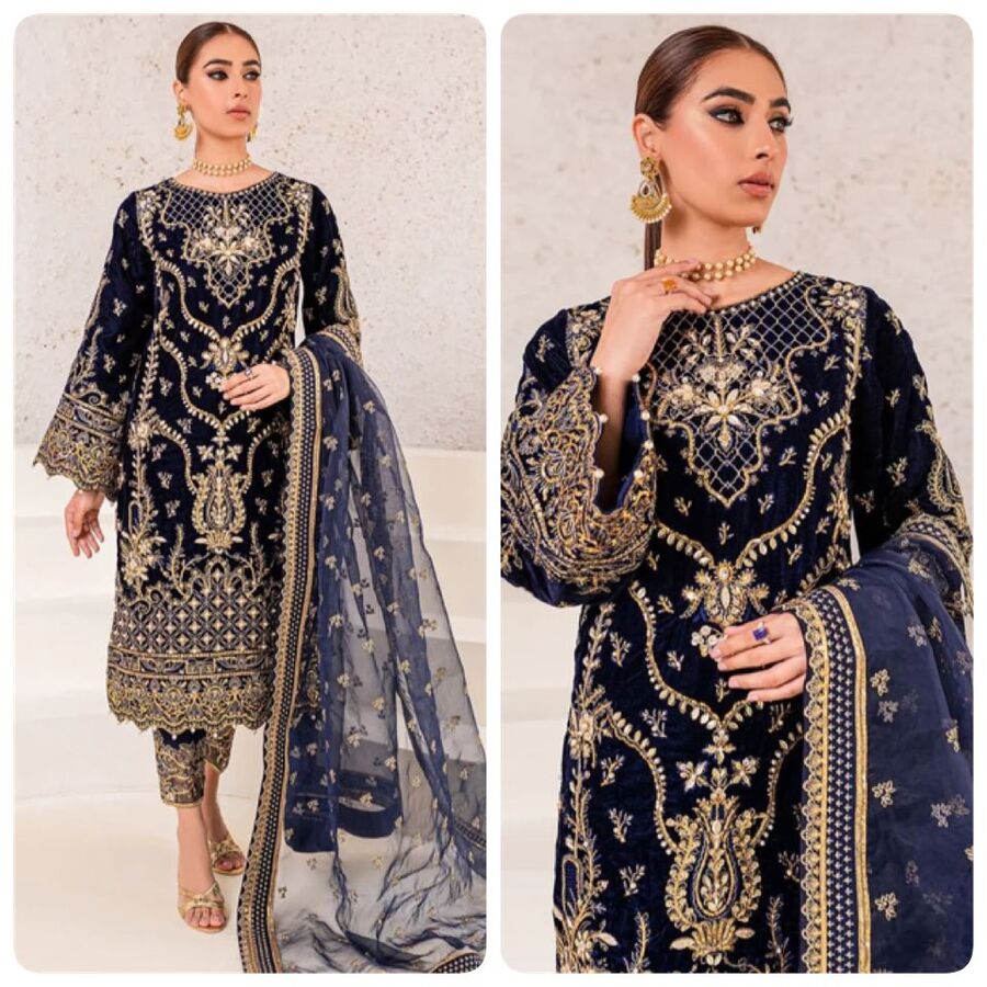 TRENDING VELVET EMBROIDERY SEQUENCE LACE WORK TOP BOTTOM WITH DUPATTA NAVY BLUE