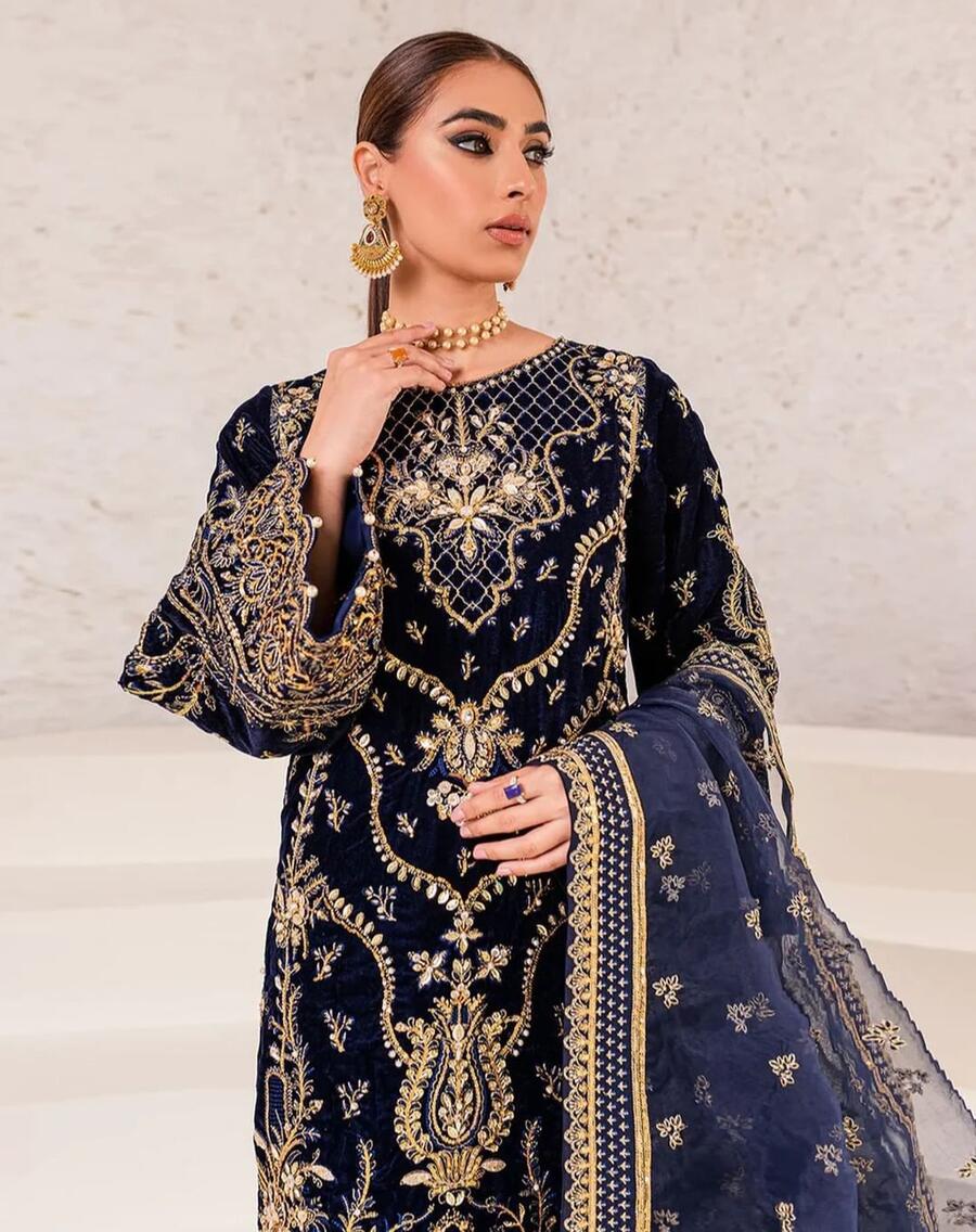 TRENDING VELVET EMBROIDERY SEQUENCE LACE WORK TOP BOTTOM WITH DUPATTA NAVY BLUE