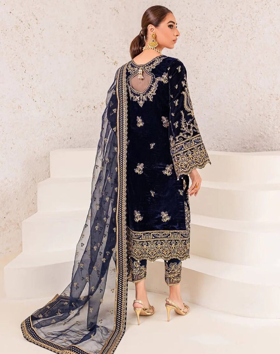TRENDING VELVET EMBROIDERY SEQUENCE LACE WORK TOP BOTTOM WITH DUPATTA NAVY BLUE