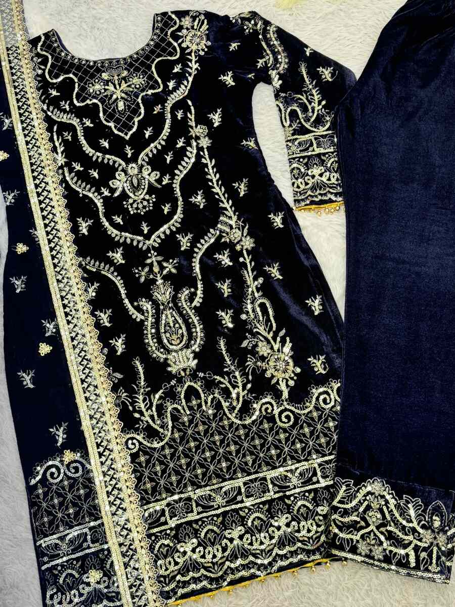 TRENDING VELVET EMBROIDERY SEQUENCE LACE WORK TOP BOTTOM WITH DUPATTA NAVY BLUE