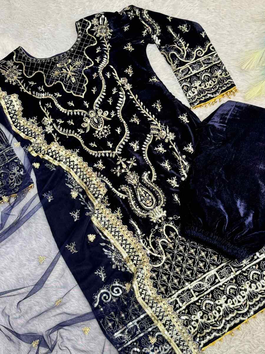 TRENDING VELVET EMBROIDERY SEQUENCE LACE WORK TOP BOTTOM WITH DUPATTA NAVY BLUE