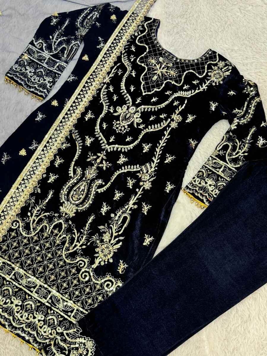 TRENDING VELVET EMBROIDERY SEQUENCE LACE WORK TOP BOTTOM WITH DUPATTA NAVY BLUE