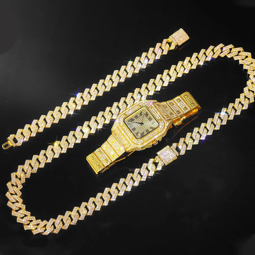 Watch,Bracelet Jewellery Rhinestones, Bling Rapper Necklace