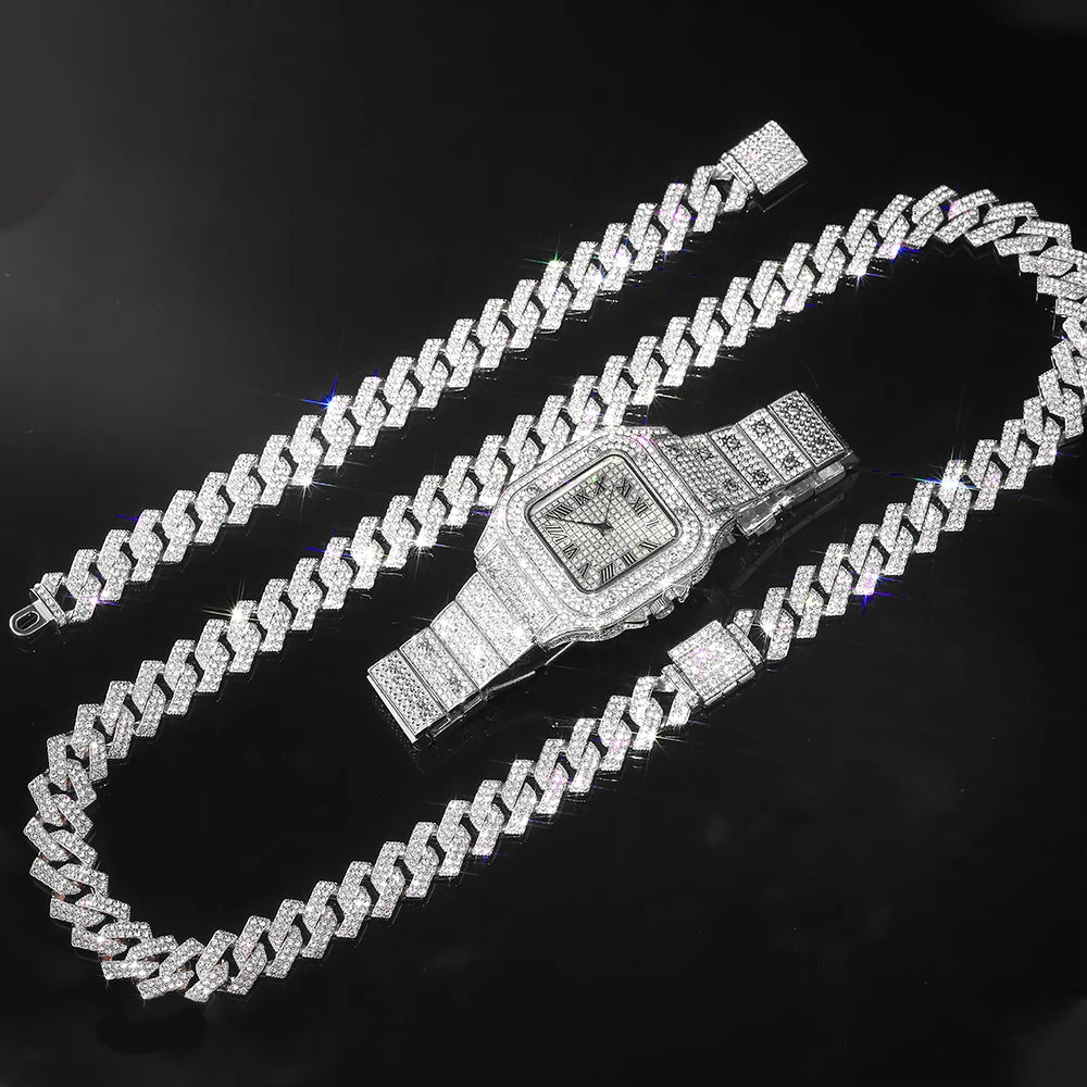 Watch,Bracelet Jewellery Rhinestones, Bling Rapper Necklace