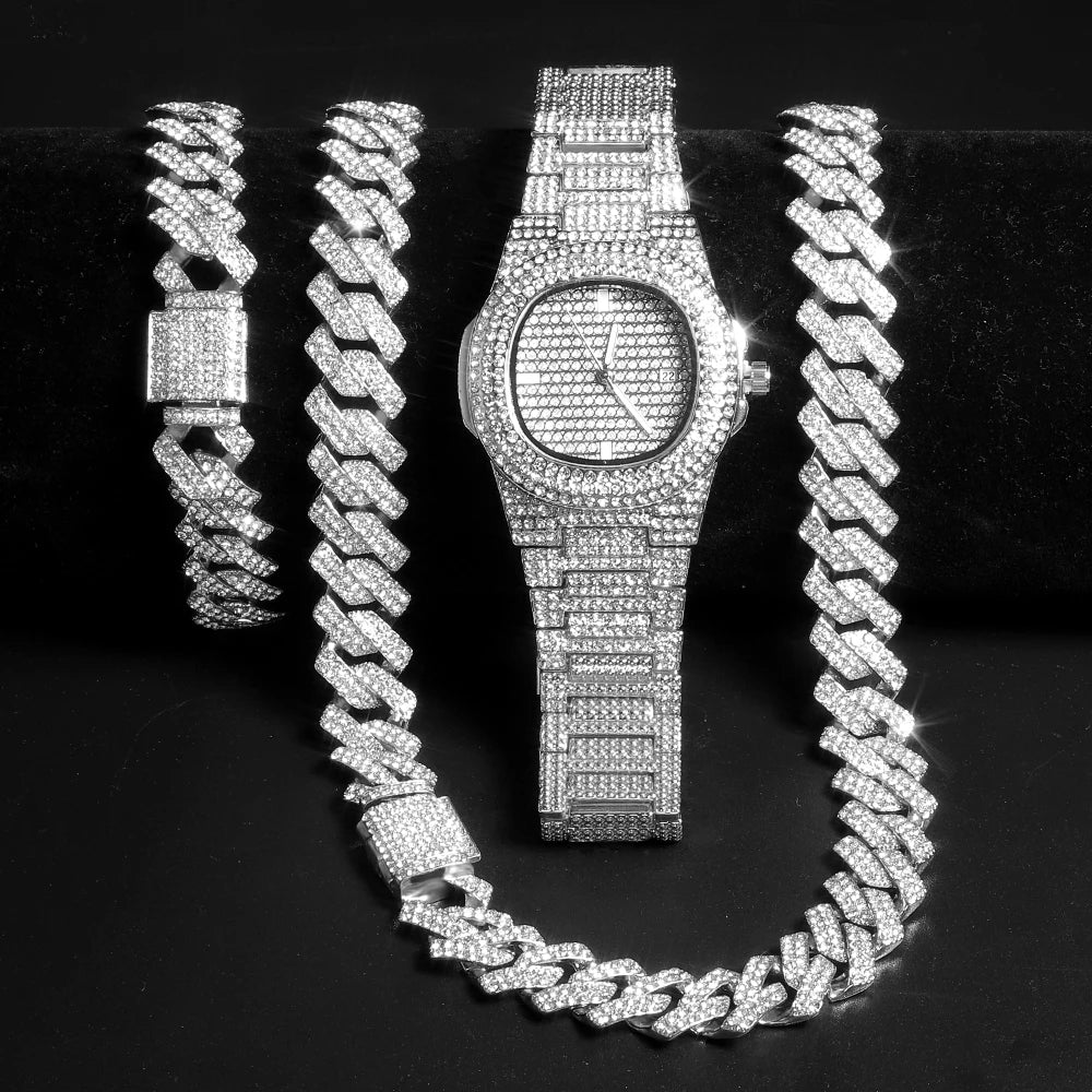 Watch,Bracelet Jewellery Rhinestones, Bling Rapper Necklace