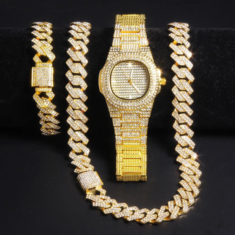 Watch,Bracelet Jewellery Rhinestones, Bling Rapper Necklace