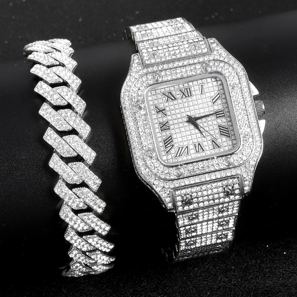 Watch,Bracelet Jewellery Rhinestones, Bling Rapper Necklace