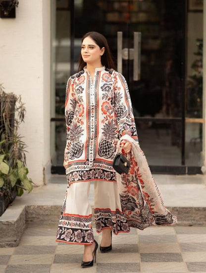 BOLLYWOOD AMERICAN CREPE DIGITAL PRINT WORK TOP PALAZZO WITH DUPATTA CREAM
