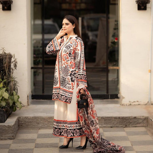 BOLLYWOOD AMERICAN CREPE DIGITAL PRINT WORK TOP PALAZZO WITH DUPATTA CREAM