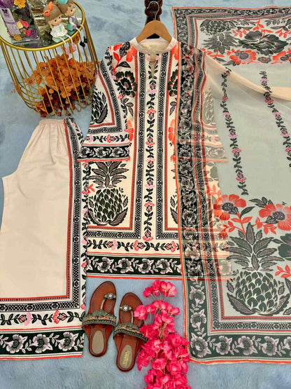 BOLLYWOOD AMERICAN CREPE DIGITAL PRINT WORK TOP PALAZZO WITH DUPATTA CREAM