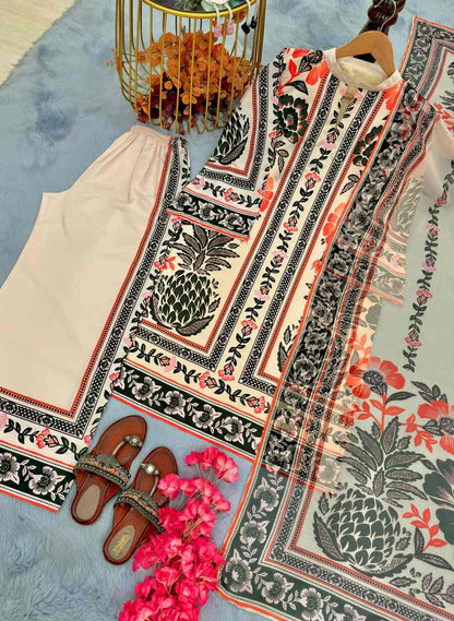 BOLLYWOOD AMERICAN CREPE DIGITAL PRINT WORK TOP PALAZZO WITH DUPATTA CREAM