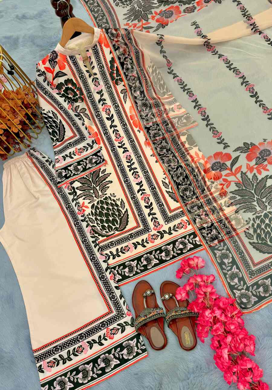 BOLLYWOOD AMERICAN CREPE DIGITAL PRINT WORK TOP PALAZZO WITH DUPATTA CREAM