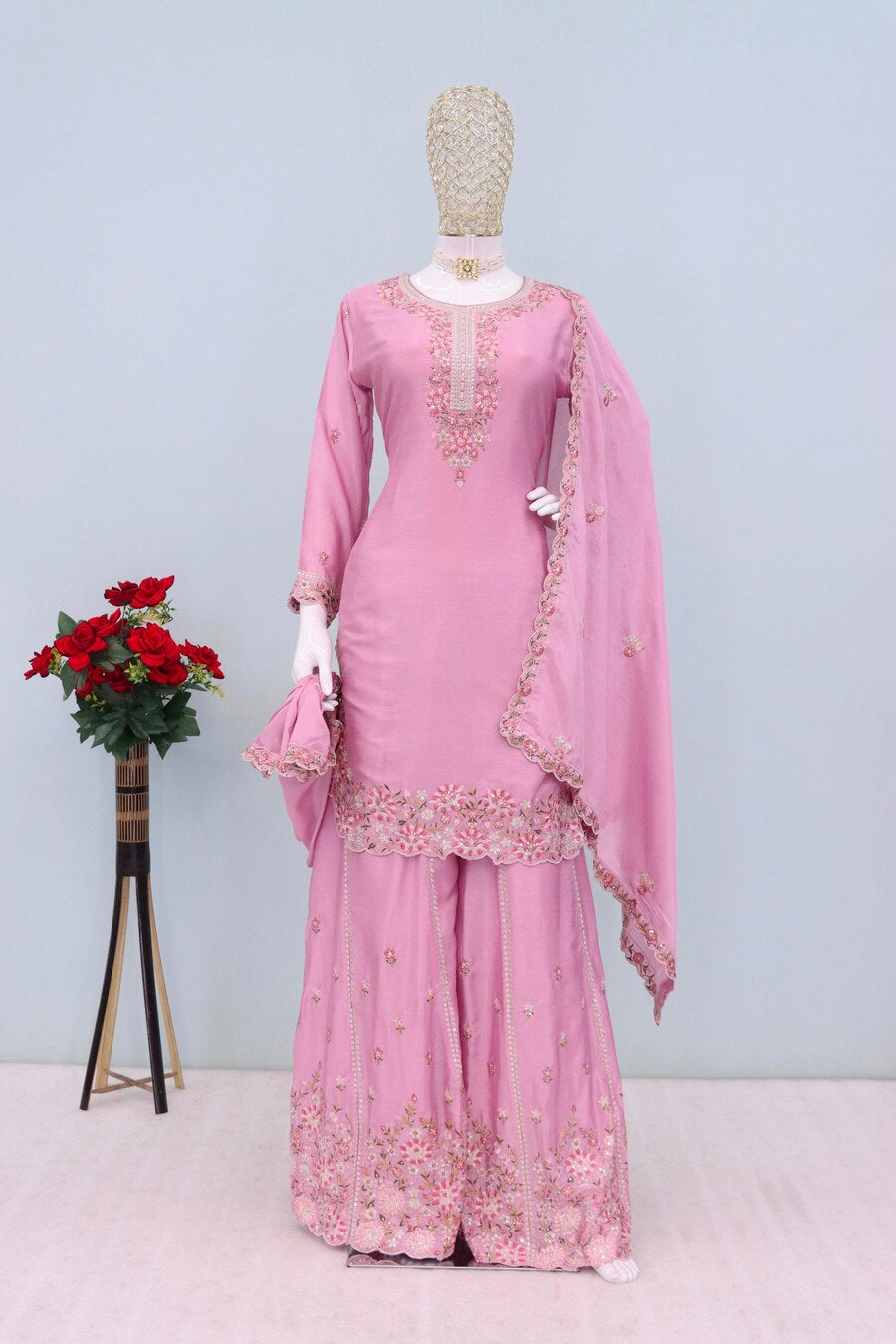 DESIGNER CHINON EMBROIDERY WORK TOP PALAZZO WITH DUPATTA BABY PINK