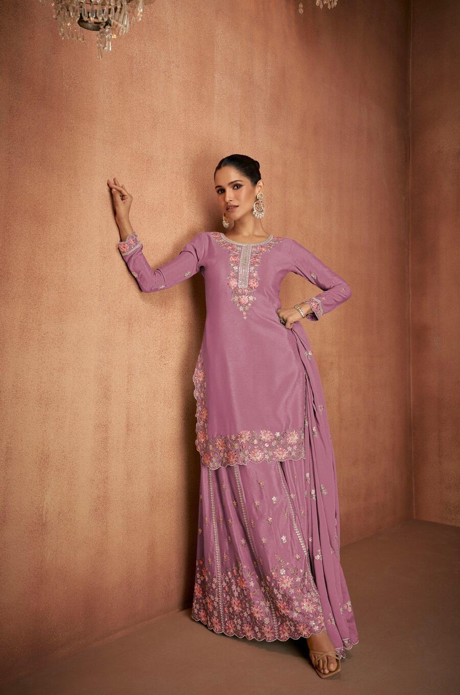 DESIGNER CHINON EMBROIDERY WORK TOP PALAZZO WITH DUPATTA BABY PINK
