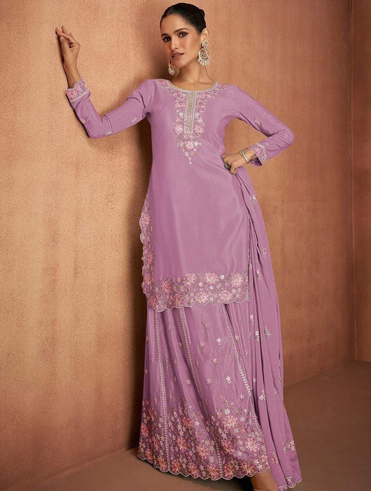 DESIGNER CHINON EMBROIDERY WORK TOP PALAZZO WITH DUPATTA BABY PINK