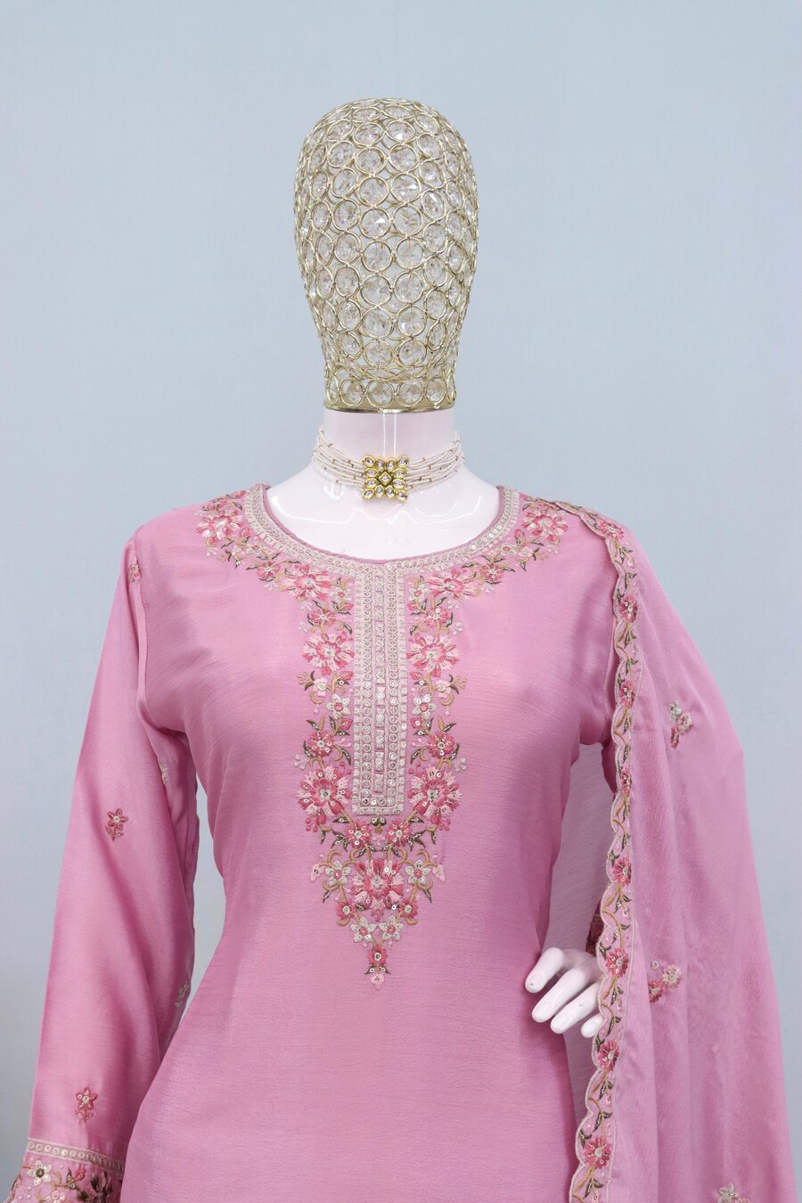 DESIGNER CHINON EMBROIDERY WORK TOP PALAZZO WITH DUPATTA BABY PINK
