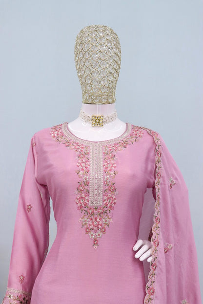 DESIGNER CHINON EMBROIDERY WORK TOP PALAZZO WITH DUPATTA BABY PINK