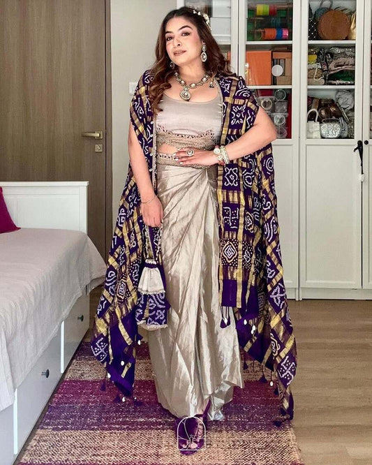 DESIGNER CHINON PRINTED AND LACE WITH KODI LATKAN WORK TOP DHOTI WITH KOTI OFF WHITE