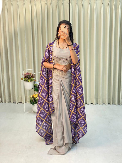 DESIGNER CHINON PRINTED AND LACE WITH KODI LATKAN WORK TOP DHOTI WITH KOTI OFF WHITE