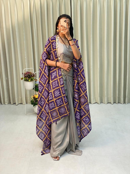 DESIGNER CHINON PRINTED AND LACE WITH KODI LATKAN WORK TOP DHOTI WITH KOTI OFF WHITE