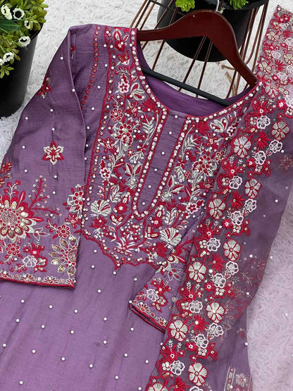 DESIGNER CHINON SILK EMBROIDERY SEQUENCE AND MOTI WORK TOP PALAZZO WITH DUPATTA