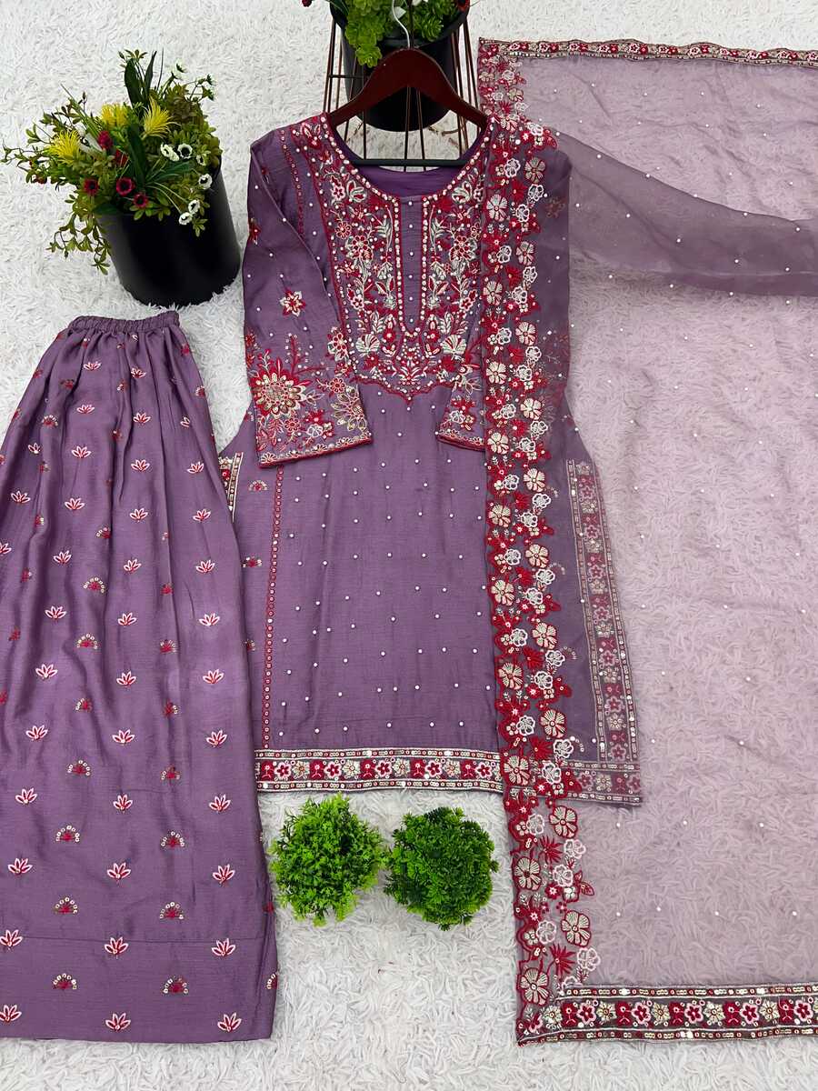 DESIGNER CHINON SILK EMBROIDERY SEQUENCE AND MOTI WORK TOP PALAZZO WITH DUPATTA