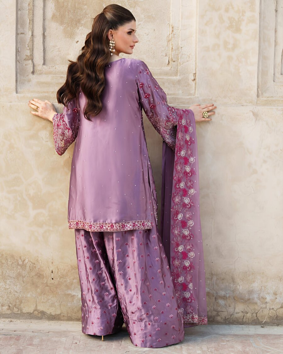 DESIGNER CHINON SILK EMBROIDERY SEQUENCE AND MOTI WORK TOP PALAZZO WITH DUPATTA