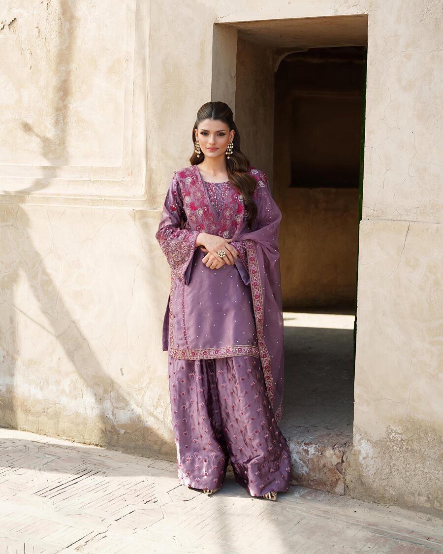 DESIGNER CHINON SILK EMBROIDERY SEQUENCE AND MOTI WORK TOP PALAZZO WITH DUPATTA