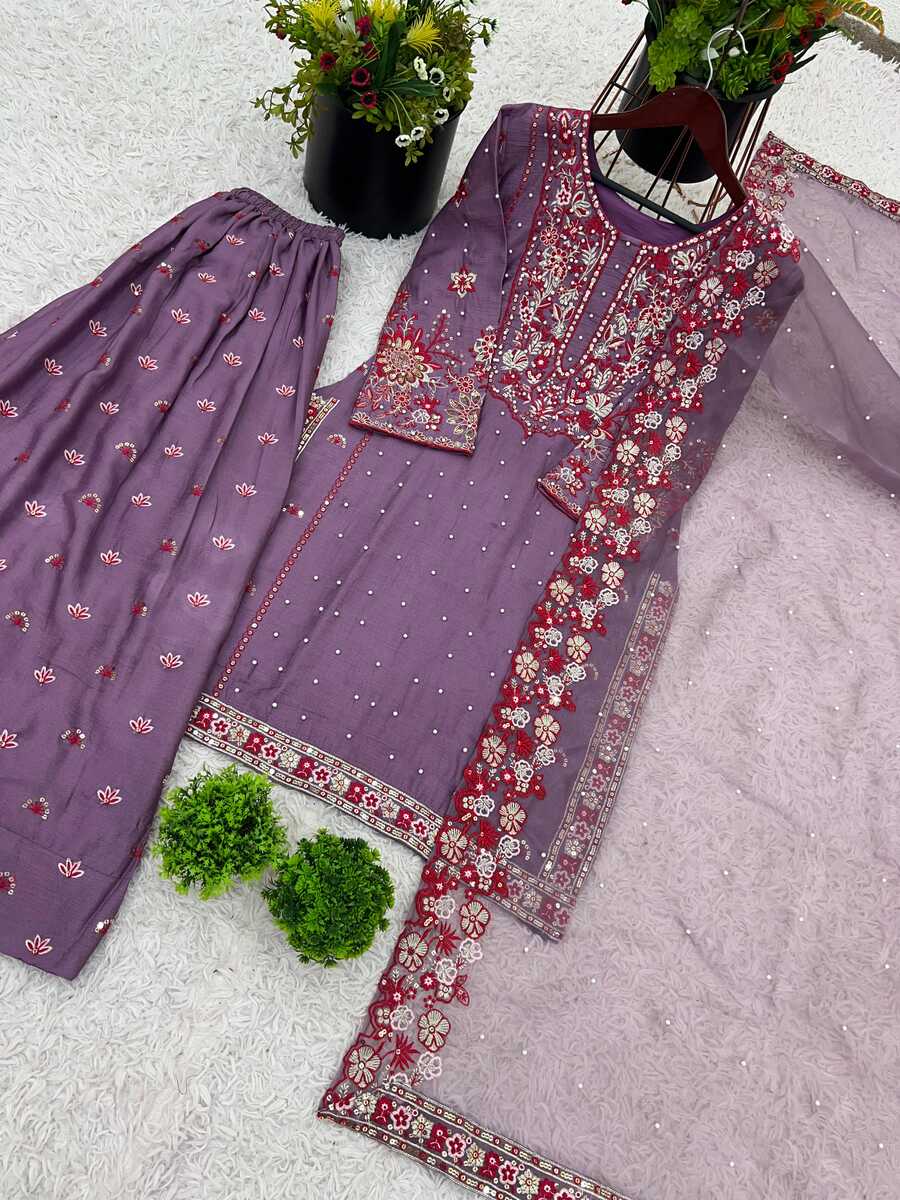DESIGNER CHINON SILK EMBROIDERY SEQUENCE AND MOTI WORK TOP PALAZZO WITH DUPATTA