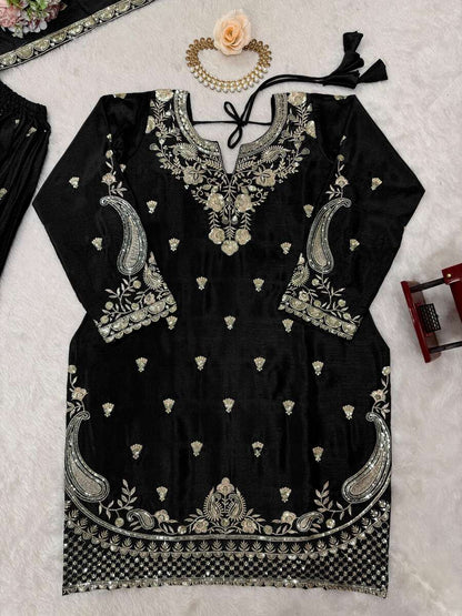 DESIGNER CHINON SILK EMBROIDERY SEQUENCE WORK TOP PALAZZO WITH DUPATTA