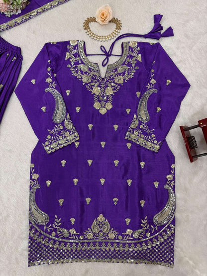 DESIGNER CHINON SILK EMBROIDERY SEQUENCE WORK TOP PALAZZO WITH DUPATTA