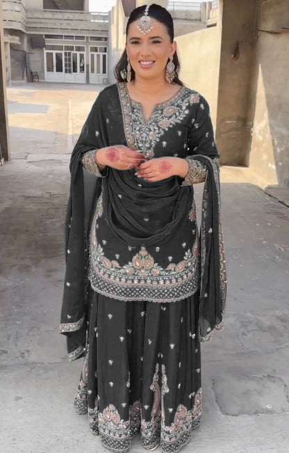 DESIGNER CHINON SILK EMBROIDERY SEQUENCE WORK TOP PALAZZO WITH DUPATTA