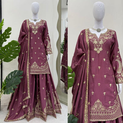 DESIGNER CHINON SILK EMBROIDERY SEQUENCE WORK TOP PALAZZO WITH DUPATTA