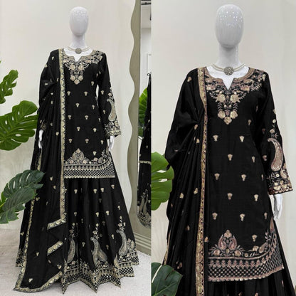 DESIGNER CHINON SILK EMBROIDERY SEQUENCE WORK TOP PALAZZO WITH DUPATTA