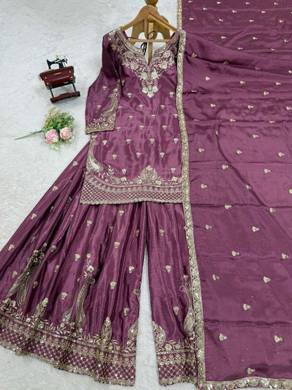DESIGNER CHINON SILK EMBROIDERY SEQUENCE WORK TOP PALAZZO WITH DUPATTA