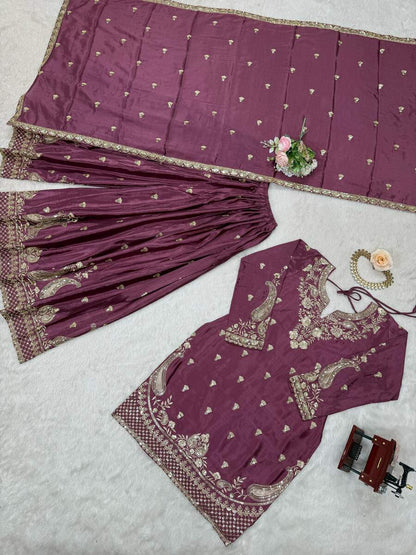DESIGNER CHINON SILK EMBROIDERY SEQUENCE WORK TOP PALAZZO WITH DUPATTA