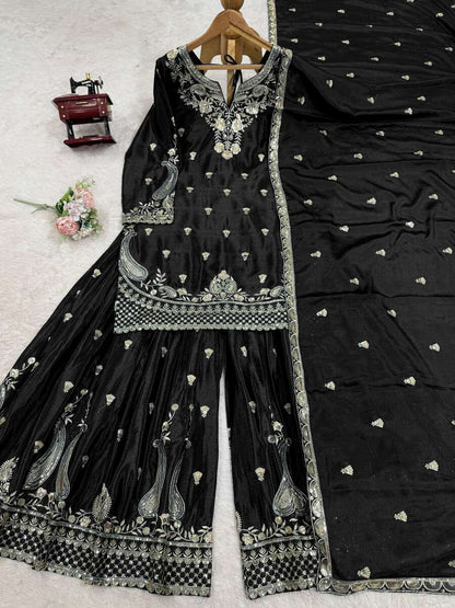 DESIGNER CHINON SILK EMBROIDERY SEQUENCE WORK TOP PALAZZO WITH DUPATTA
