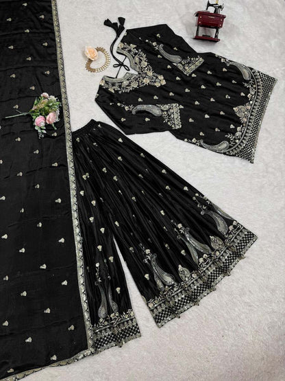 DESIGNER CHINON SILK EMBROIDERY SEQUENCE WORK TOP PALAZZO WITH DUPATTA