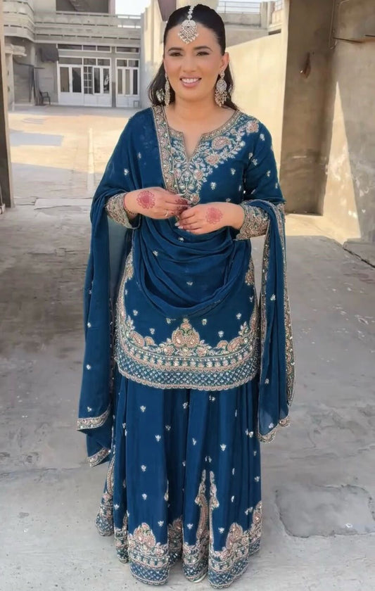 DESIGNER CHINON SILK EMBROIDERY SEQUENCE WORK TOP PALAZZO WITH DUPATTA