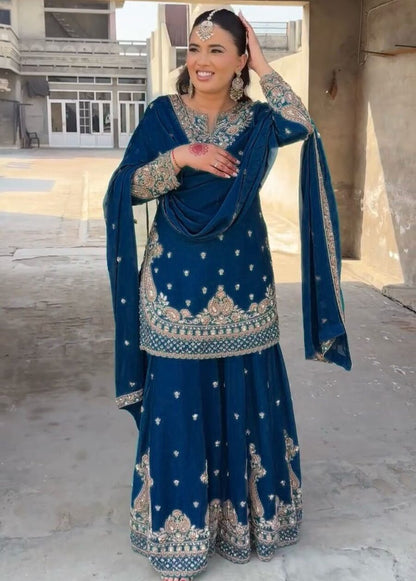 DESIGNER CHINON SILK EMBROIDERY SEQUENCE WORK TOP PALAZZO WITH DUPATTA