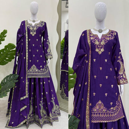 DESIGNER CHINON SILK EMBROIDERY SEQUENCE WORK TOP PALAZZO WITH DUPATTA