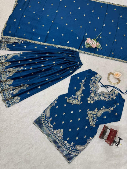 DESIGNER CHINON SILK EMBROIDERY SEQUENCE WORK TOP PALAZZO WITH DUPATTA