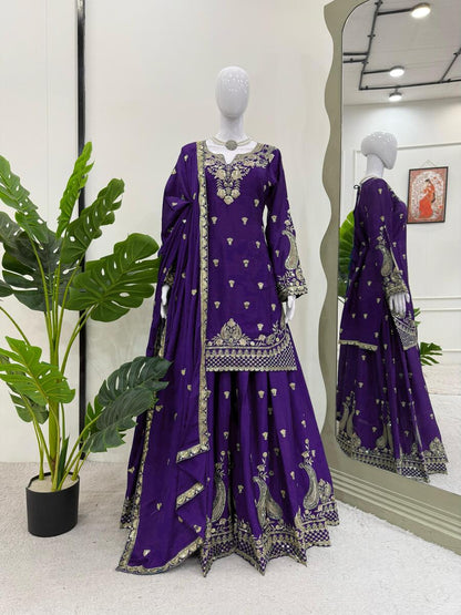 DESIGNER CHINON SILK EMBROIDERY SEQUENCE WORK TOP PALAZZO WITH DUPATTA