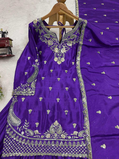 DESIGNER CHINON SILK EMBROIDERY SEQUENCE WORK TOP PALAZZO WITH DUPATTA