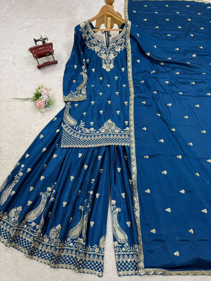 DESIGNER CHINON SILK EMBROIDERY SEQUENCE WORK TOP PALAZZO WITH DUPATTA